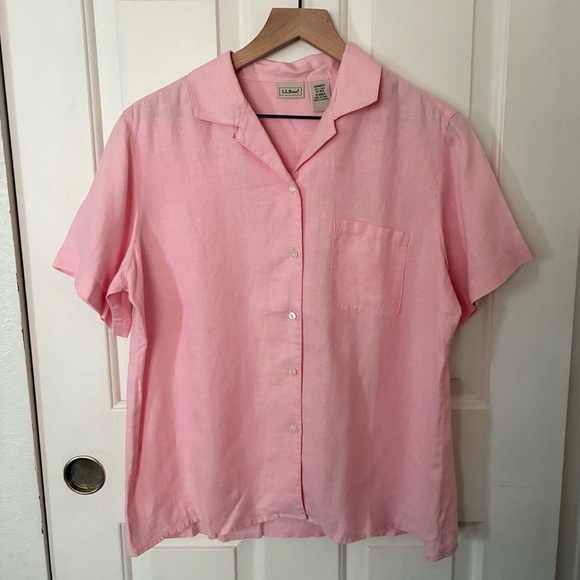 Women's L.L. Bean Pink Button-up Linen Short Sleeve Shirt - Picture 2 of 7
